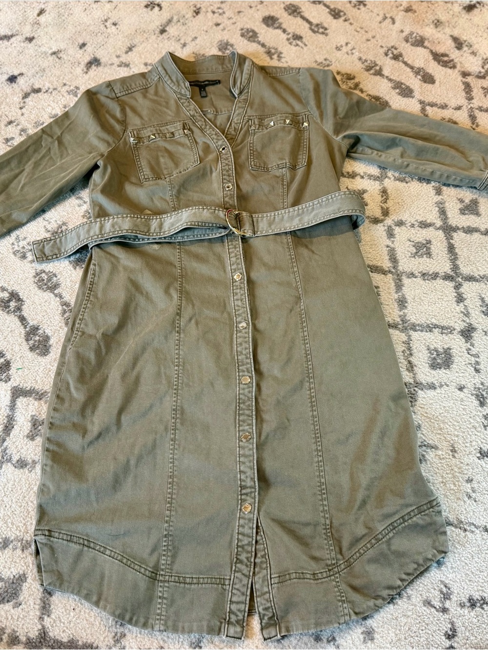 White House Black Market Size 8 Olive Utility Shirt Dress Belted Snap Front